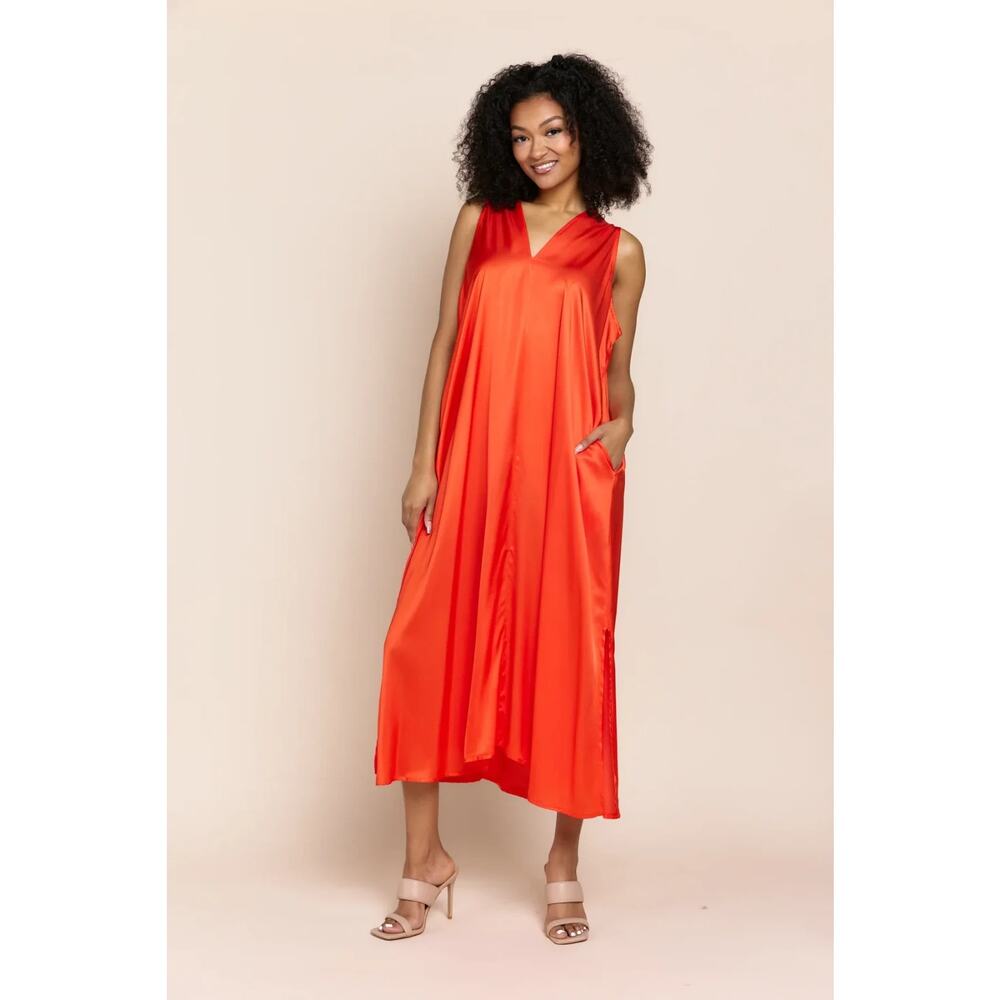 Sofia Made in Italy Womens Belinda Italian Satin Orange Midi Dress M/L NWT